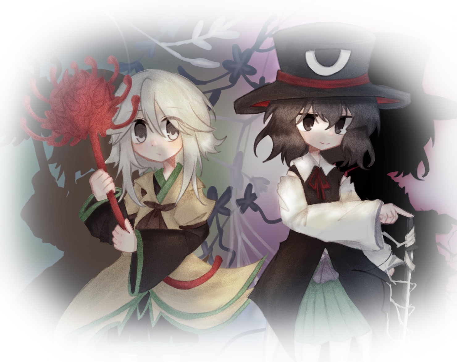 enraku tsubakura, houlen yabusame, earthen miraculous sword, len'en, reactivate majestical imperial, 2others, ascot, bare shoulders, black coat, black eyes, black hair, black hat, black kimono, black shorts, border, brown ascot, brown coat, closed mouth, coat, coattails, collared coat, collared shirt, compass (xinjinjumin6687443), cowboy shot, detached sleeves, dot nose, drop shadow, expressionless, eye of senri, eyes visible through hair, floral background, flower, gradient background, green background, green hakama, grey eyes, grey hair, hair between eyes, hakama, hakama short skirt, hakama skirt, happy, hat, holding, holding flower, japanese clothes, jinbei (clothes), jitome, kimono, lapels, layered sleeves, light blush, light frown, long sleeves, medium hair, multiple others, neck ribbon, notched lapels, puffy short sleeves, puffy sleeves, purple background, red flower, red ribbon, ribbon, round border, shirt, short hair with long locks, short kimono, short over long sleeves, short sleeves, shorts, sidelocks, skirt, sleeveless, sleeveless coat, sleeveless shirt, sleeves past wrists, smile, spider lily, standing, sword, tareme, top hat, two-tone background, vignetting, weapon, white border, white shirt, white sleeves, wide sleeves