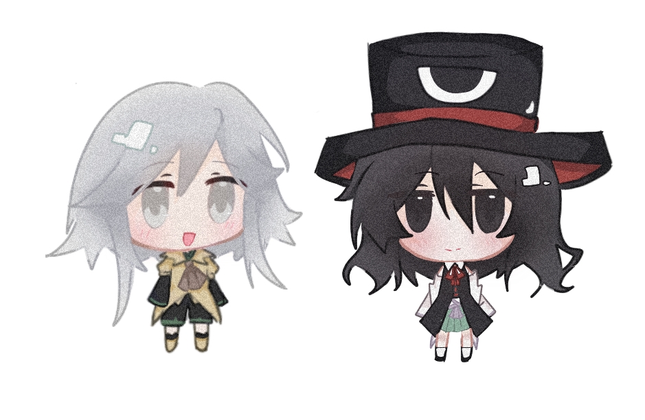 enraku tsubakura, houlen yabusame, len'en, 2others, ankle socks, ascot, bare shoulders, black coat, black eyes, black hair, black hat, black kimono, black sandals, black shorts, black socks, boots, brown ascot, brown boots, brown coat, chibi, closed mouth, coat, coattails, collared coat, collared shirt, compass (xinjinjumin6687443), detached sleeves, eye of senri, film grain, green hakama, grey eyes, grey hair, hair between eyes, hakama, hakama short skirt, hakama skirt, happy, hat, heavy film grain, japanese clothes, jinbei (clothes), kimono, lapels, layered sleeves, light blush, long hair, long sleeves, looking at another, looking at viewer, medium hair, messy hair, multiple others, neck ribbon, notched lapels, open mouth, puffy short sleeves, puffy sleeves, red ribbon, ribbon, ribbon-trimmed coat, ribbon trim, sandals, shirt, short kimono, short over long sleeves, short sleeves, shorts, sidelocks, simple background, skirt, sleeveless, sleeveless coat, sleeveless shirt, sleeves past fingers, sleeves past wrists, smile, socks, standing, top hat, two-sided fabric, two-sided headwear, white background, white shirt, white sleeves, white socks