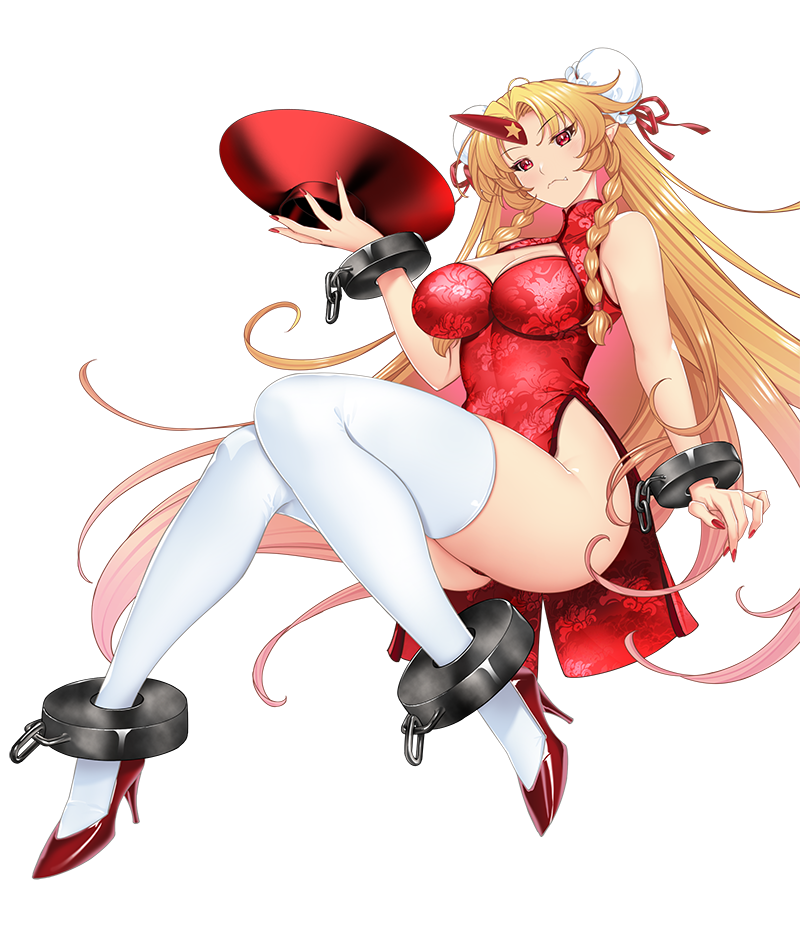 hataraki kuma, hoshiguma yuugi, touhou, commentary request, 1girl, blonde hair, bottomless, bound, bound ankles, bound wrists, braid, breasts, china dress, chinese clothes, cleavage, cuffs, cup, curtained hair, curvy, double bun, dress, fang, frown, full body, hair bun, high heels, holding, holding cup, horns, knees together feet apart, large breasts, legs, long hair, long legs, looking at viewer, oni, plump, pointy ears, red dress, red eyes, red nails, red shoes, shackles, shoes, simple background, single horn, solo, star (symbol), thighhighs, thighs, transparent background, twin braids, v-shaped eyebrows, very long hair, white thighhighs