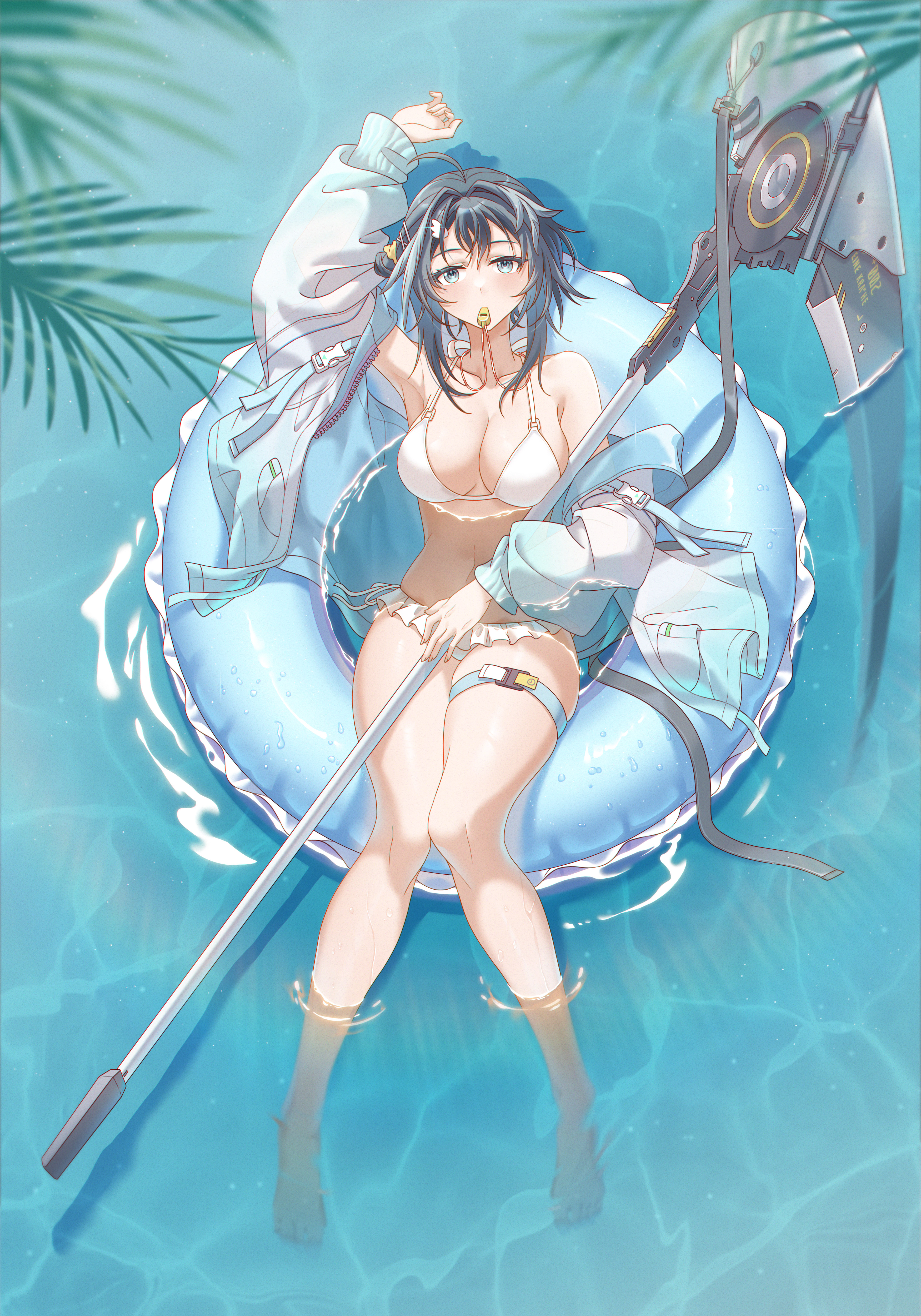 innoarukugyou, la pluma (arknights), la pluma (summer flowers) (arknights), arknights, absurdres, chinese commentary, commentary request, highres, 1girl, ahoge, arm up, armpits, bare shoulders, bikini, breasts, cleavage, feather hair, fingernails, from above, full body, grey eyes, grey hair, holding, holding scythe, holding weapon, jacket, long sleeves, looking at viewer, lying, navel, official alternate costume, on back, open clothes, open jacket, partially submerged, scythe, short hair, solo, stomach, swim ring, swimsuit, thigh strap, water, weapon, whistle, white bikini