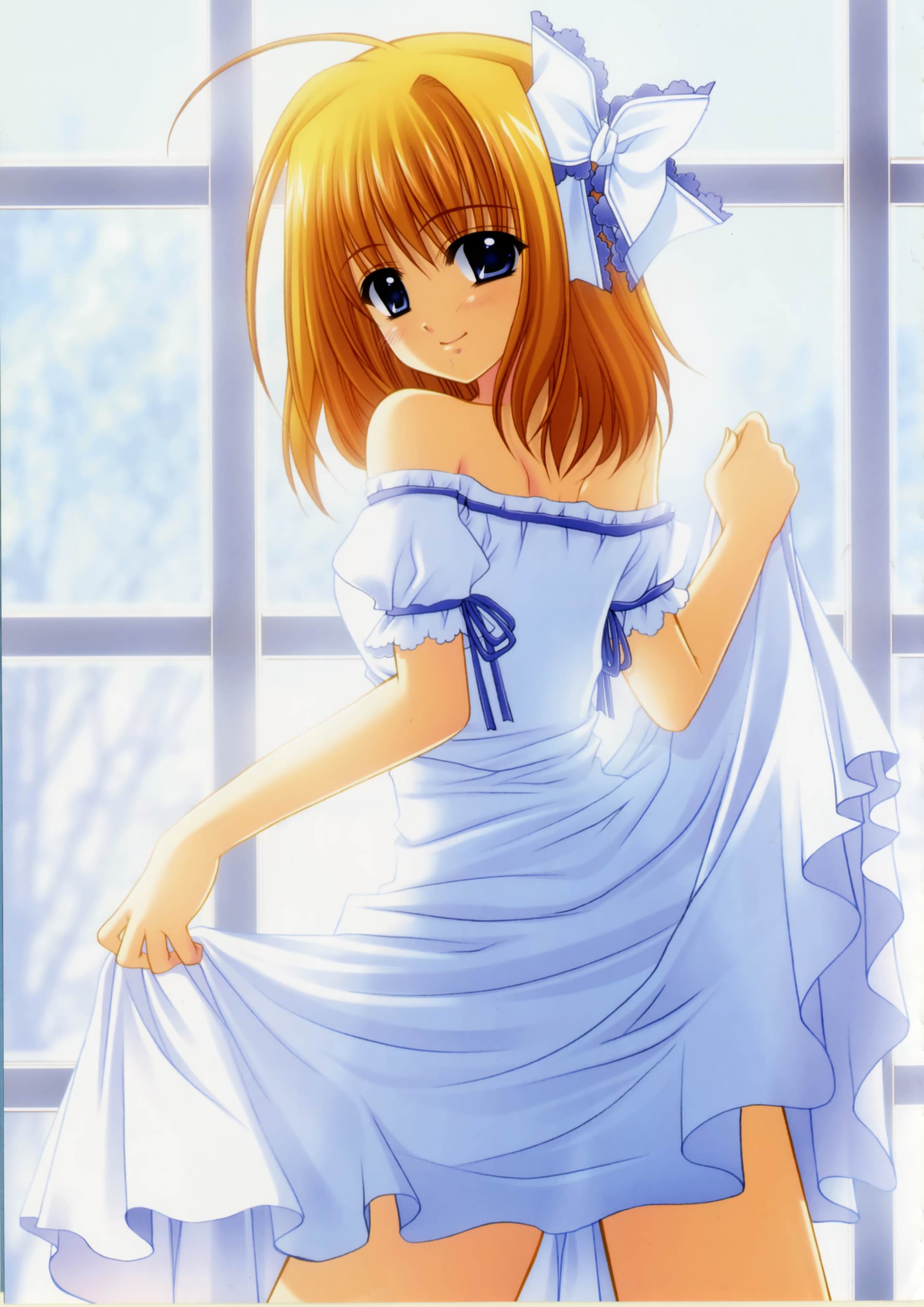 nishimata aoi, fuyou kaede, shuffle!, absurdres, highres, official art, 00s, bare shoulders, blue eyes, blush, bow, clothes lift, dress, dress lift, hair bow, hair ribbon, happy, orange hair, ribbon, see-through clothes, short hair, smile, solo, standing, window
