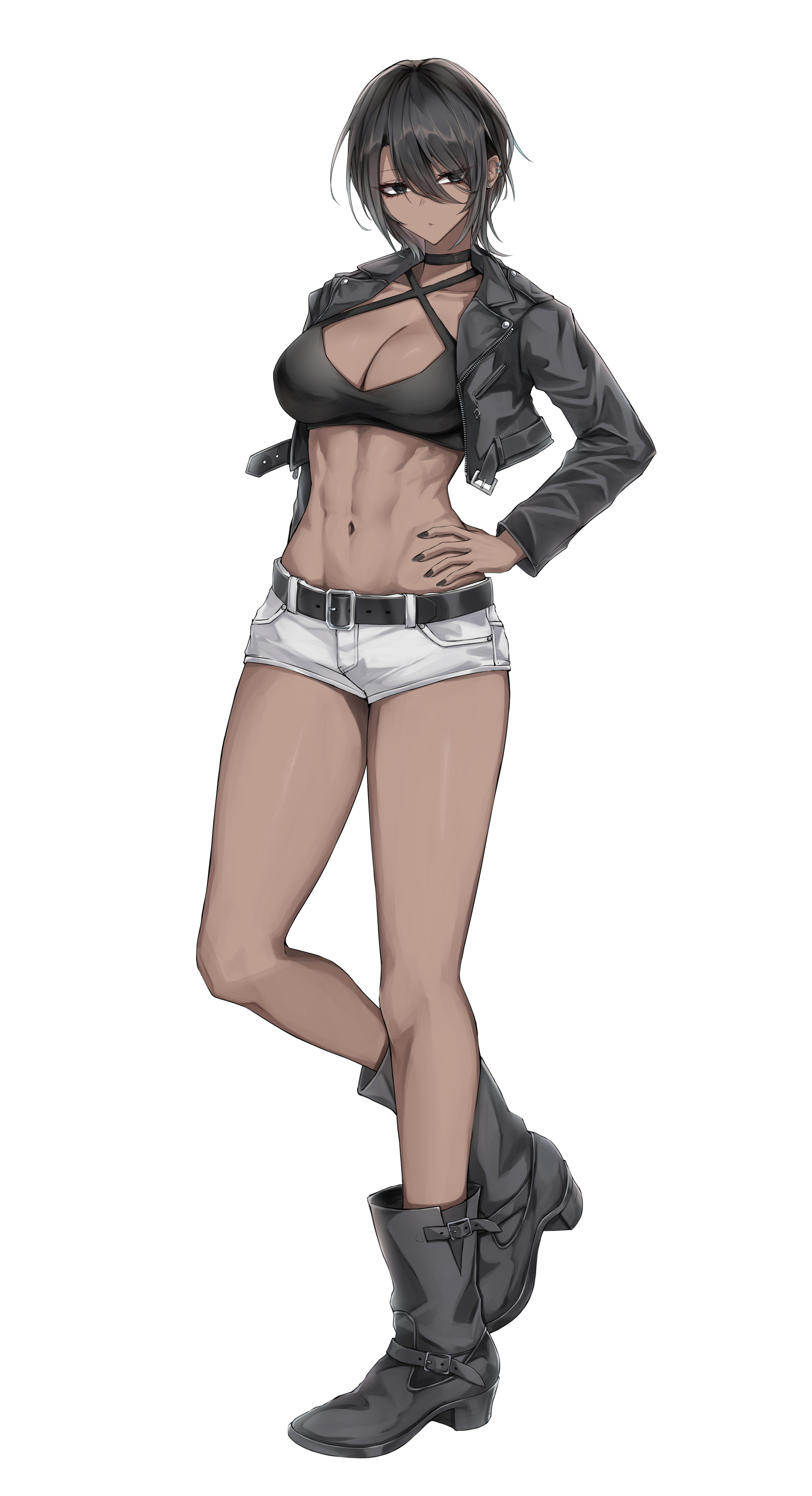 yakan (mihag3000), original, absurdres, highres, 1girl, black boots, black bra, black eyes, black hair, black jacket, black nails, boots, bra, breasts, cleavage, collarbone, dark-skinned female, dark skin, hair between eyes, jacket, navel, open clothes, open jacket, short hair, short shorts, shorts, solo, stomach, toned, underwear, white shorts