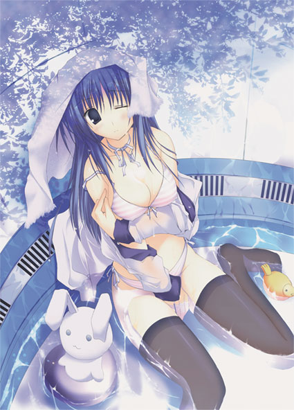 gisyo, bad id, bad pixiv id, bikini, blue eyes, blue hair, solo, striped bikini, striped clothes, swimsuit, thighhighs, wet, wet clothes