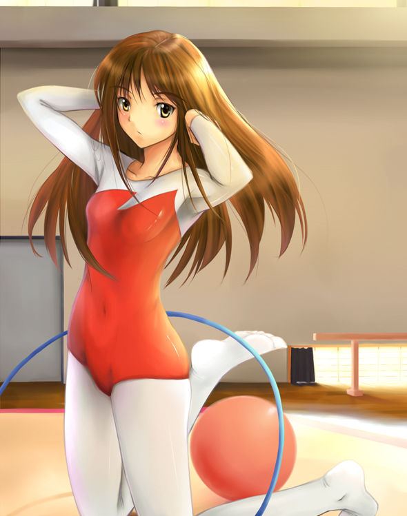 yuki usagi (mofurafu), 1girl, adjusting hair, athletic leotard, balance beam, ball, brown eyes, brown hair, feet, female focus, gym, gymnastics, hoop, hula hoop, kneeling, leotard, navel, pantyhose, red leotard, rhythmic gymnastics, solo