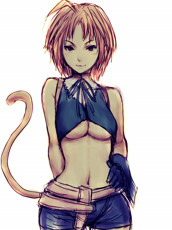 fumio (rsqkr), zidane tribal, final fantasy, final fantasy ix, 00s, 1girl, :3, blonde hair, breasts, cowboy shot, female focus, genderswap, genderswap (mtf), gloves, large breasts, looking at viewer, midriff, monkey, monkey girl, naughty face, shorts, solo, tail, underboob