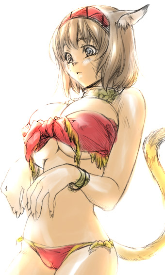 tachibana chata, mithra (ff11), final fantasy, final fantasy xi, 00s, 1girl, :<, animal ears, blue eyes, breasts, brown hair, cat ears, cat girl, cat tail, female focus, hairband, huge breasts, large breasts, looking down, short hair, simple background, solo, tail