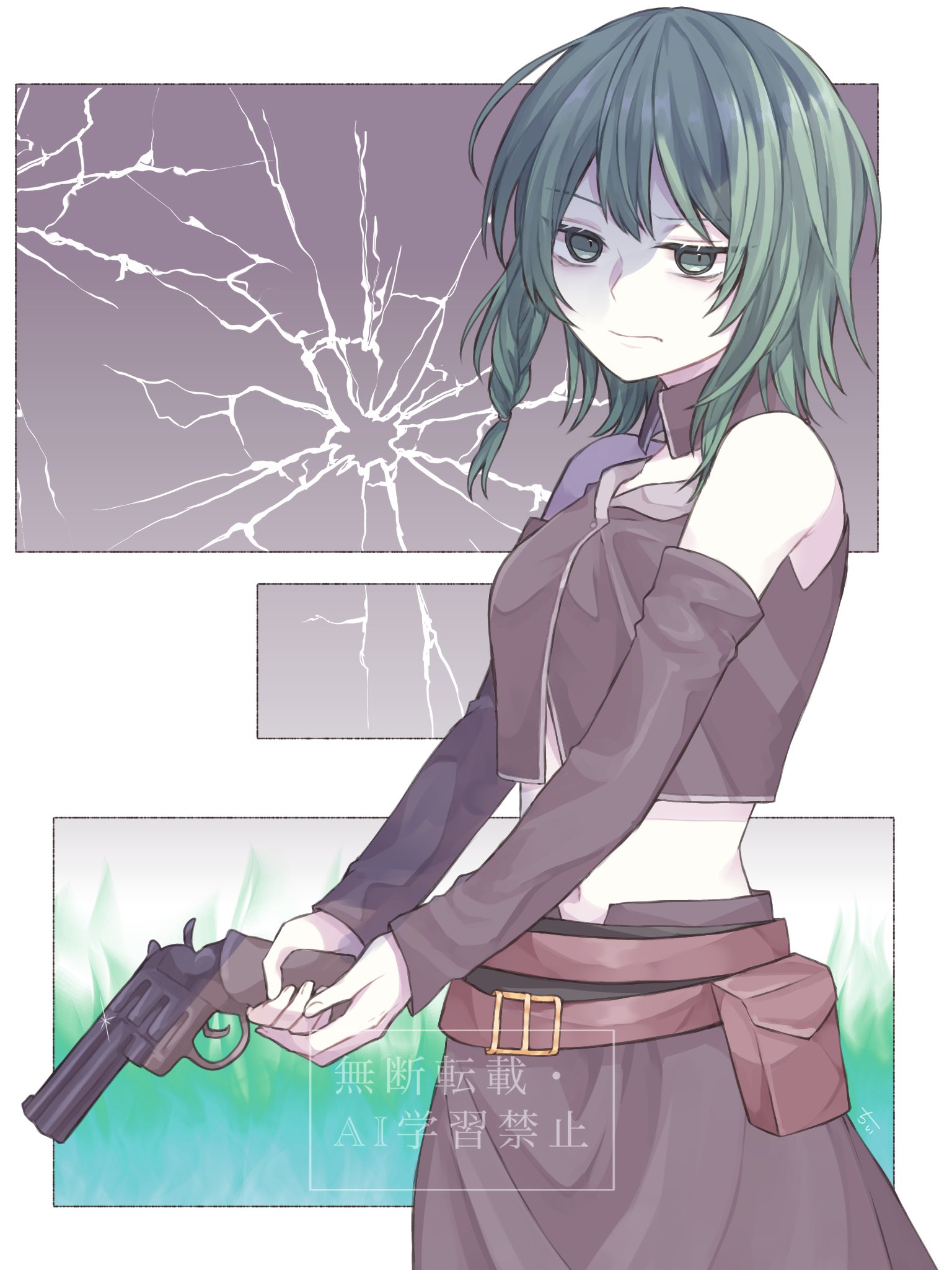 chii1113, gumi, nemesis sudou, evillious nendaiki, nemesis no juukou (vocaloid), saigo no revolver (vocaloid), vocaloid, highres, 1girl, bare shoulders, belt buckle, braid, broken glass, buckle, bullet hole, collar, collared shirt, crop top, cropped shirt, detached collar, empty eyes, expressionless, glass, green hair, grey collar, grey leg warmers, grey shirt, grey skirt, gun, half-closed eyes, handgun, holding, holding gun, holding weapon, holster, leather belt, leg warmers, light frown, long skirt, medium hair, midriff, muted color, navel, pale skin, partially shaded face, revolver, shattered, shirt, side braid, skirt, sleeveless, sleeveless shirt, solo, weapon