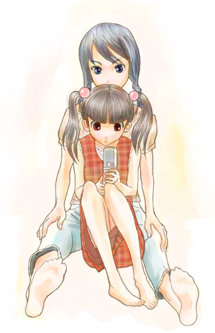 kobushi abiru, otonashi meru, sayonara zetsubou sensei, 00s, barefoot, cellphone, phone