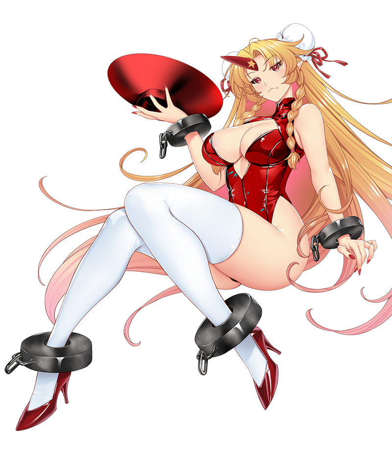 hataraki kuma, hoshiguma yuugi, touhou, commentary request, 1girl, blonde hair, bound, bound ankles, bound wrists, braid, breasts, cleavage, covered navel, cuffs, cup, curtained hair, curvy, double bun, dress, fang, frown, full body, hair bun, high heels, highleg, highleg leotard, holding, holding cup, horns, knees together feet apart, large breasts, legs, leotard, long hair, long legs, looking at viewer, oni, plump, pointy ears, red eyes, red leotard, red nails, red shoes, shackles, shoes, simple background, single horn, solo, star (symbol), strapless, strapless leotard, thighhighs, thighs, transparent background, twin braids, v-shaped eyebrows, very long hair, white thighhighs