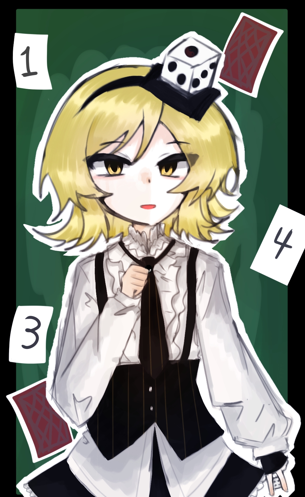 xeno a, len'en, highres, 1other, ace (playing card), adapted costume, between fingers, black border, black gloves, black hairband, black necktie, black skirt, black vest, blonde hair, border, buttons, card, center frills, clenched hand, collared shirt, compass (xinjinjumin6687443), cowboy shot, dice, dice hair ornament, dot nose, eyes visible through hair, fingerless gloves, floating card, frilled shirt collar, frilled sleeves, frills, gloves, green background, hair ornament, hairband, happy, heart, holding, holding dice, long sleeves, medium hair, miniskirt, necktie, open mouth, outline, outside border, pinstripe pattern, pinstripe vest, playing card, puffy long sleeves, puffy sleeves, shirt, single fingerless glove, skirt, sleeves past wrists, solo, spade (shape), standing, striped clothes, tsurime, vertical-striped clothes, vertical-striped necktie, vest, white outline, white shirt, yellow eyes