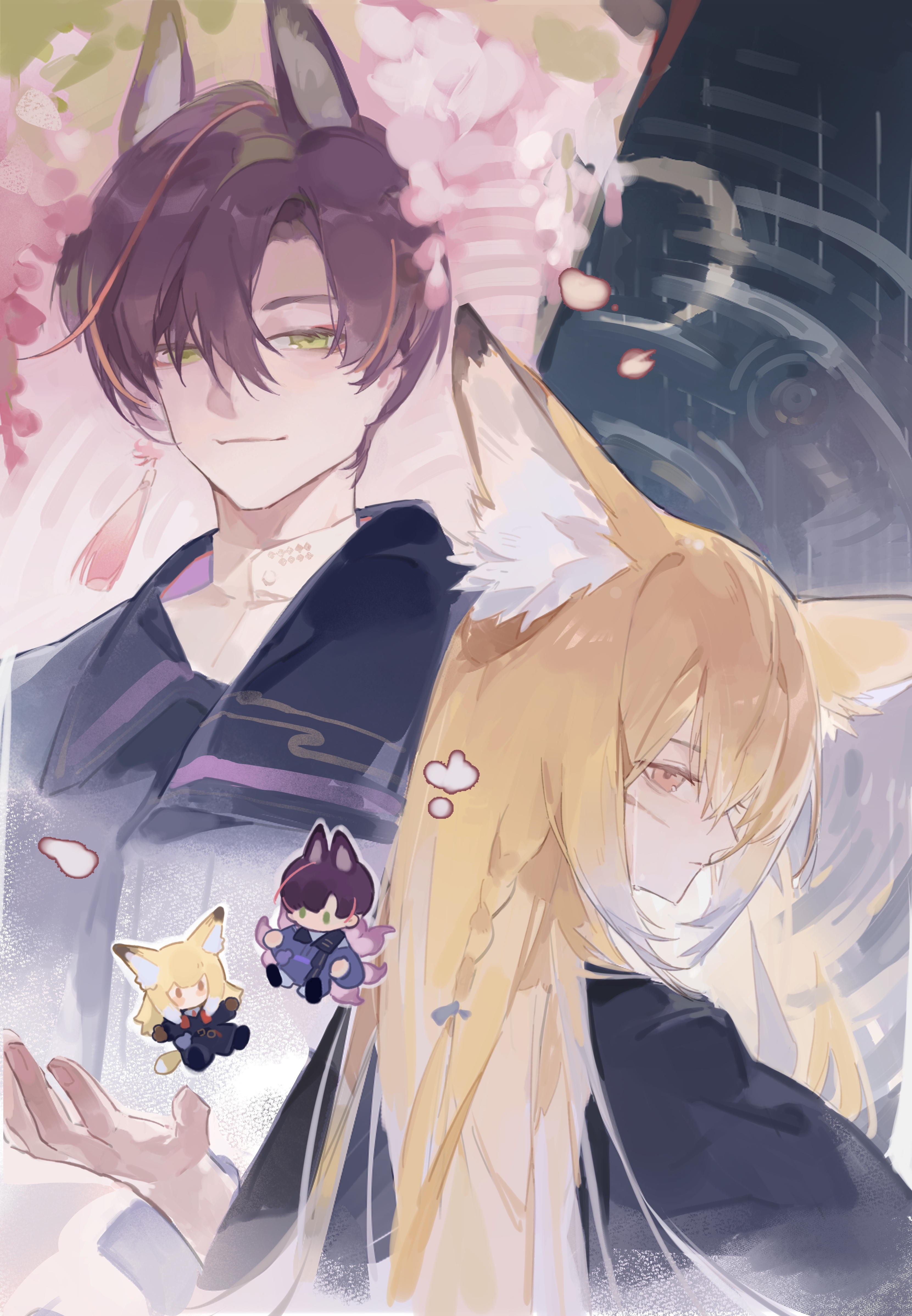 suzuran's father (arknights), vulpisfoglia (arknights), arknights, absurdres, chinese commentary, commentary request, highres, 1boy, 1girl, animal ear fluff, animal ears, black jacket, blonde hair, closed mouth, facial scar, green eyes, hair between eyes, hair intakes, jacket, light smile, long hair, looking at viewer, multicolored hair, pink hair, profile, purple hair, scar, scar on cheek, scar on face, short hair, streaked hair, upper body, white hair, xifeng52691, yellow eyes