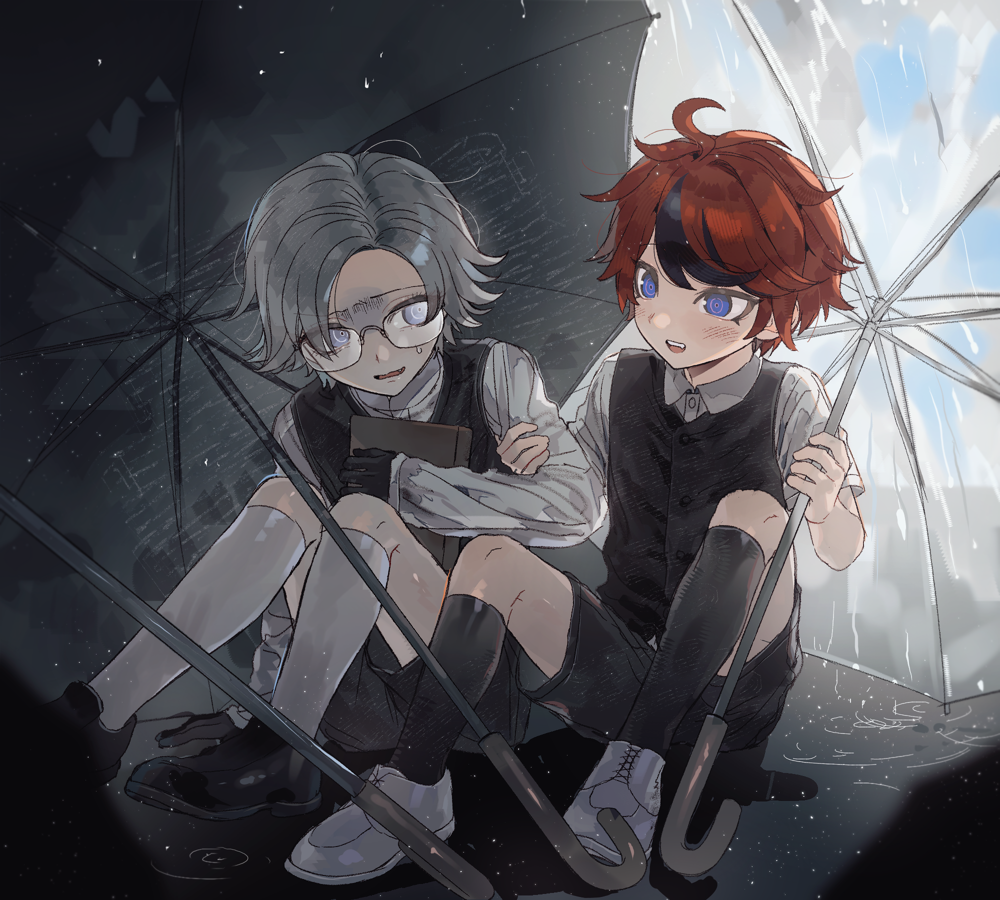 aotsuki eito, sumino takumi, the hundred line -last defense academy-, chinese commentary, commentary request, highres, 2boys, aged down, ahoge, black gloves, black hair, black shorts, black socks, black vest, blue eyes, book, collared shirt, glasses, gloves, grabbing another's arm, grey hair, holding, holding book, holding umbrella, kneehighs, long sleeves, male focus, multicolored hair, multiple boys, open mouth, outdoors, red hair, shirt, shoes, short hair, shorts, sitting, smile, socks, streaked hair, sweat, syuu 1125, two-tone hair, umbrella, vest, white shirt, white shoes, white socks