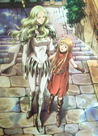 clare (claymore), teresa, claymore (series), 00s, 2girls, aged down, armor, blonde hair, claymore (sword), green hair, headpat, multiple girls, sword, weapon