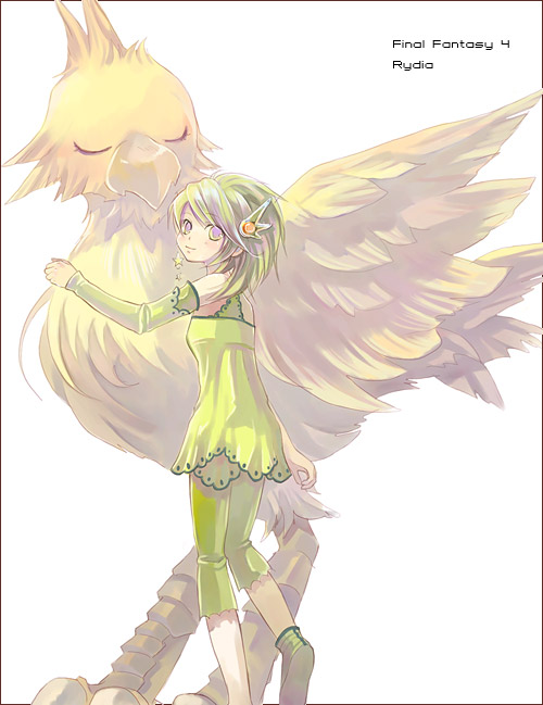 chocobo, rydia (ff4), rydia (young) (ff4), final fantasy, final fantasy iv, 1990s (style), character name, copyright name, green hair, retro artstyle, solo