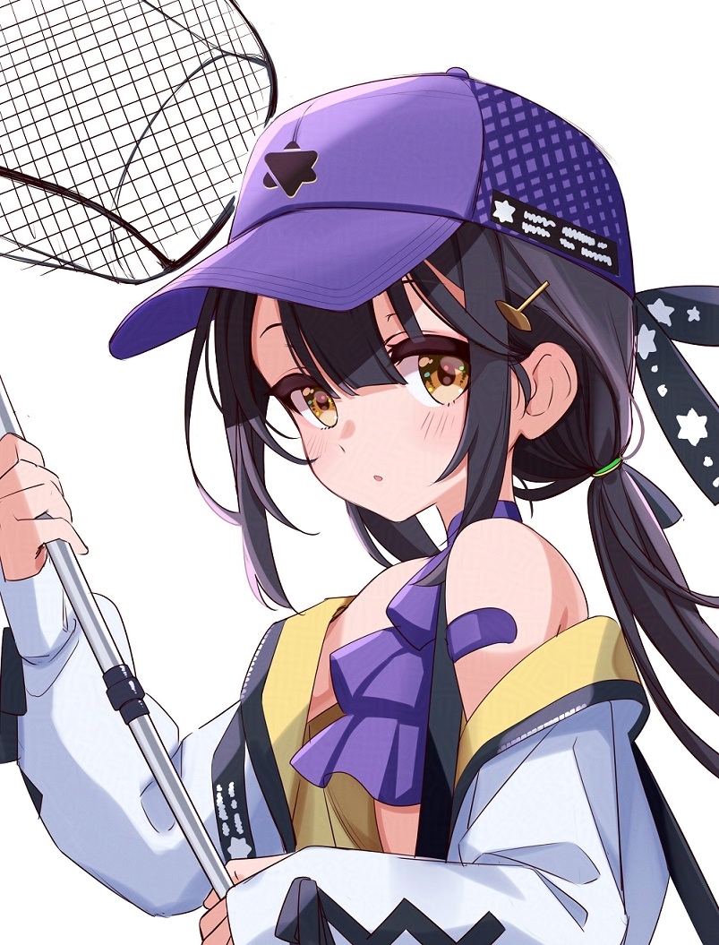 umi (umi no kusomusi), miyu edelfelt, fate/grand order, fate (series), commentary request, 1girl, :o, bandaid, bandaid on shoulder, bare shoulders, baseball cap, bikini, black hair, brown eyes, butterfly net, expressionless, hand net, hat, holding, holding butterfly net, jacket, looking at viewer, miyu edelfelt (swimsuit lancer) (second ascension), purple bikini, purple hat, simple background, solo, swimsuit, twintails, upper body, white background, white jacket