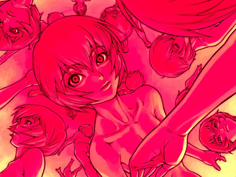hijiri rei, ayanami rei, neon genesis evangelion, 1girl, aquarium, breasts, censored, completely nude, convenient censoring, female focus, hair between eyes, lcl, nude, red eyes, red theme, reiquarium, small breasts, solo