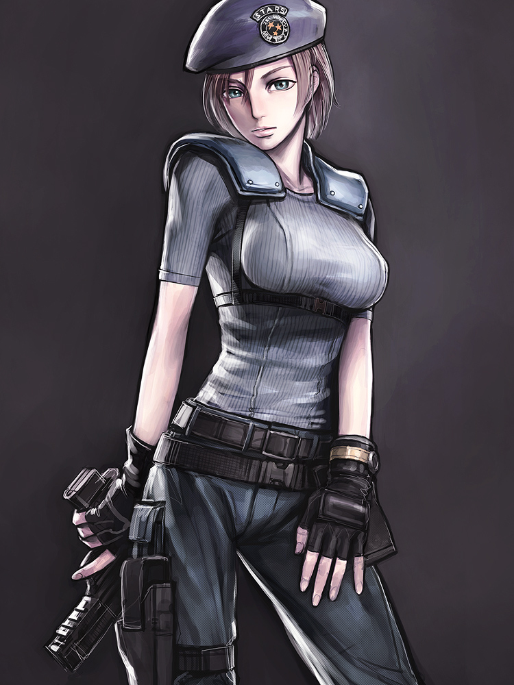 iwai ryou, jill valentine, capcom, resident evil, resident evil 1, 1girl, belt, beret, blue eyes, breasts, brown hair, female focus, fingerless gloves, gloves, gun, handgun, hat, holding, holding gun, holding weapon, holster, large breasts, lips, pistol, ribbed shirt, ryo iwai, shirt, short hair, solo, trigger discipline, utility belt, weapon