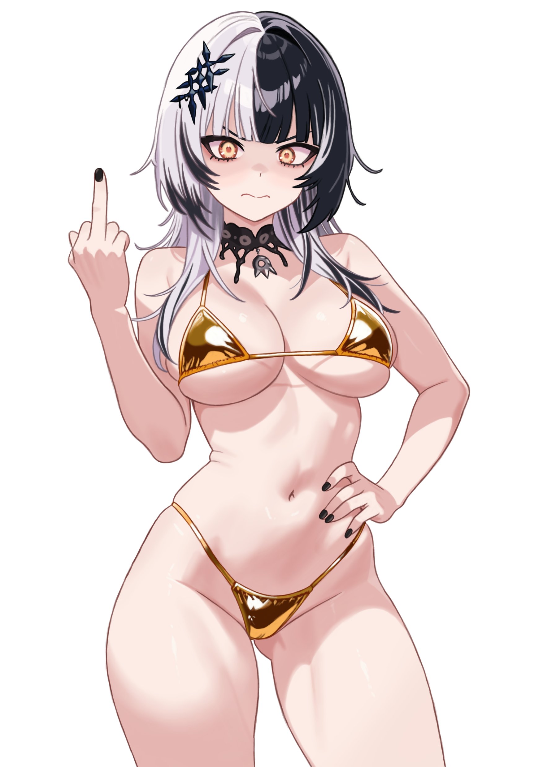 danimocles, shiori novella, hololive, hololive english, absurdres, highres, 1girl, bikini, black hair, black nails, breasts, cowboy shot, gluteal fold, gold bikini, large breasts, looking at viewer, middle finger, multicolored hair, navel, simple background, solo, split-color hair, stomach, swimsuit, two-tone hair, virtual youtuber, white background, yellow eyes