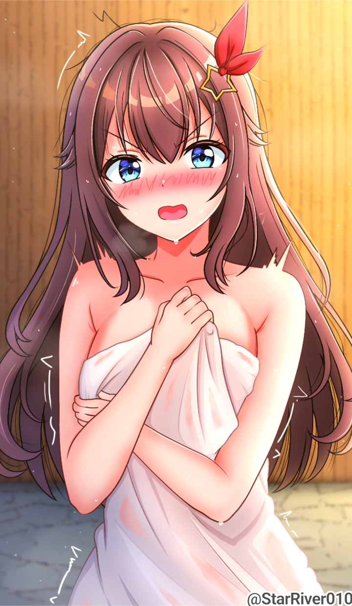 tokino sora, hololive, highres, 1girl, artist name, bare shoulders, blue eyes, blush, breasts, brown hair, cowboy shot, large breasts, long hair, naked towel, solo, starriveraster, surprised, towel, virtual youtuber