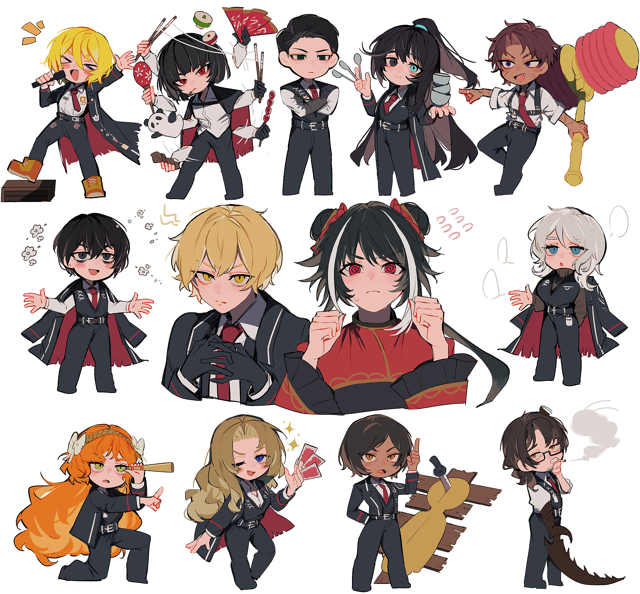 nakame77, don quixote (project moon), faust (project moon), gregor (project moon), heathcliff (project moon), hong lu (project moon), ishmael (project moon), jia xichun (project moon), meursault (project moon), outis (project moon), rodion (project moon), ryoshu (project moon), sinclair (project moon), yi sang (project moon), limbus company, project moon, highres, > <, 6+boys, 6+girls, aqua eyes, black coat, black eyes, black hair, black pants, black vest, blonde hair, blue eyes, brown hair, coat, coat on shoulders, collared shirt, double bun, glasses, grey hair, hair bun, long hair, multicolored hair, multiple boys, multiple girls, necktie, open clothes, open coat, orange hair, pants, ponytail, red eyes, red necktie, shirt, short hair, simple background, smoking, streaked hair, vest, white background, white shirt, yellow eyes