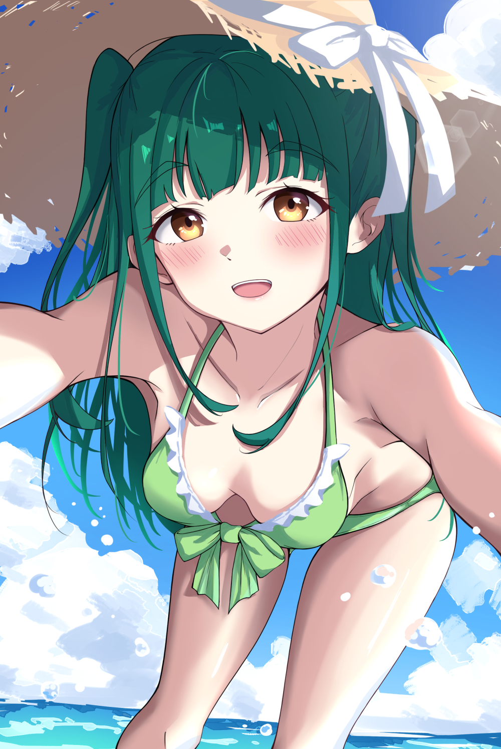 teteno tsuki, yamada midori, ikizulive! love live! bluebird, love live!, commentary request, highres, 1girl, bikini, blue sky, blush, breasts, brown eyes, cloud, green bikini, hanging breasts, hat, leaning forward, legs, looking at viewer, medium breasts, ocean, open mouth, outdoors, sky, smile, solo, straw hat, swimsuit, twintails, water, water drop