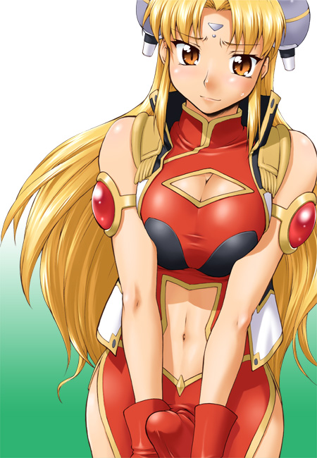ranpha franboise, galaxy angel, 00s, 1futa, armband, blonde hair, breasts, bulge, futanari, gloves, gradient background, hat, large breasts, long hair, navel, penis, solo
