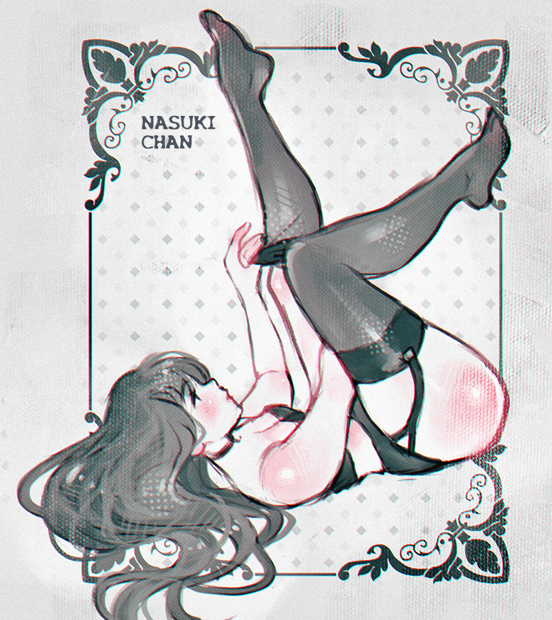 nasukichan, original, hashtag-only commentary, 1girl, belt, black hair, black thighhighs, character name, dressing, floral border, from side, full body, legs up, lying, on back, outside border, pinup (style), solo, thigh belt, thigh strap, thighhighs, underwear, underwear only
