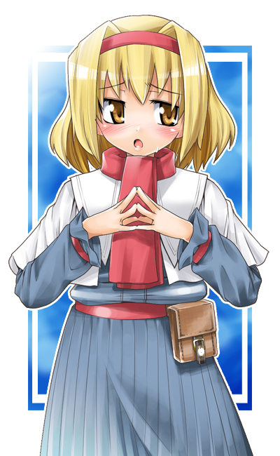 gengorou, alice margatroid, touhou, looking away, 1girl, belt, belt pouch, blonde hair, blue dress, blush, capelet, cowboy shot, dress, embarrassed, female focus, frills, hairband, long sleeves, looking to the side, own hands together, pocket, pouch, solo, yellow eyes