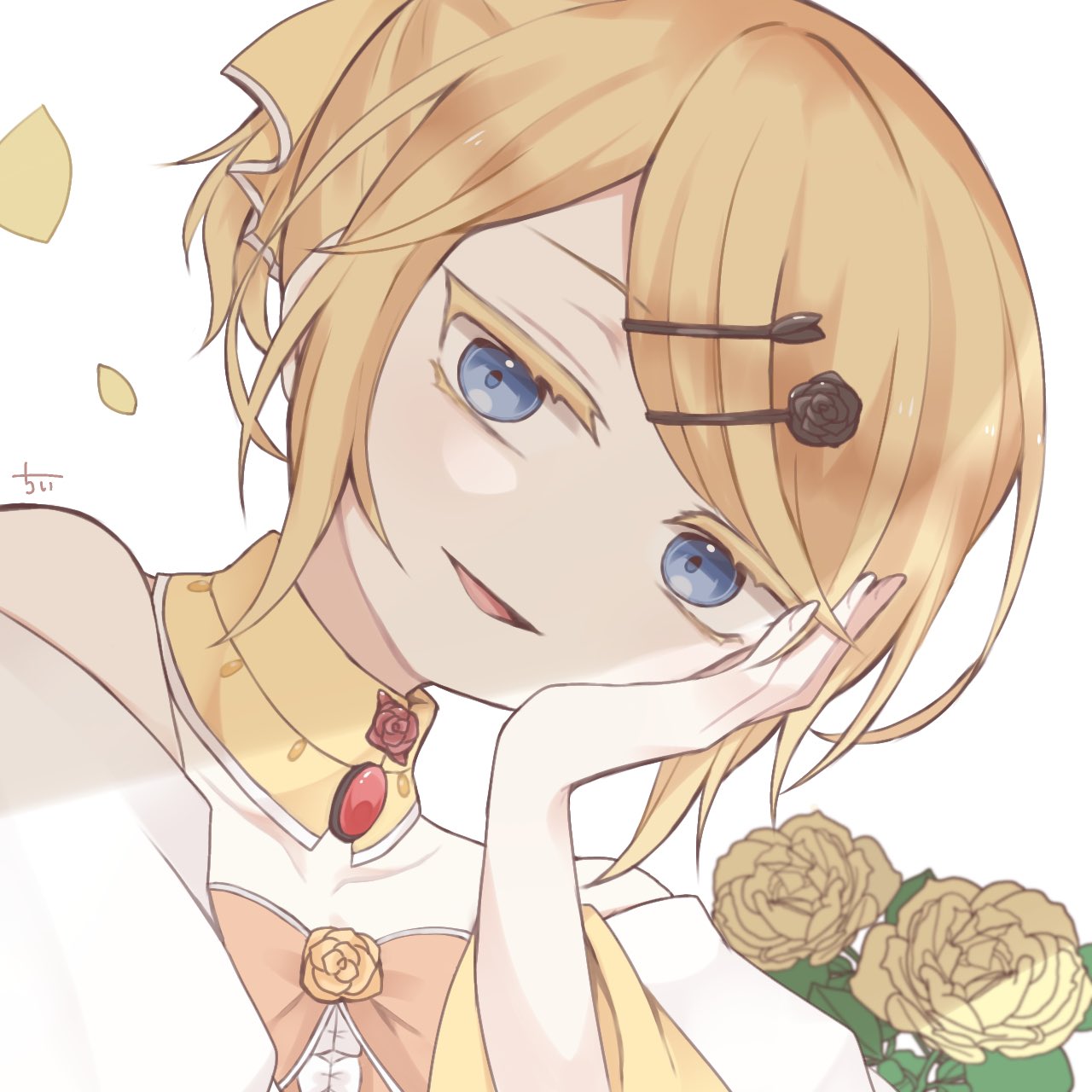 chii1113, kagamine rin, riliane lucifen d'autriche, aku no musume (vocaloid), evillious nendaiki, vocaloid, highres, 1girl, aku no musume (series), bare shoulders, black flower, black rose, blonde hair, blue eyes, bow, brooch, capelet, cheek rest, choker, collarbone, colored eyelashes, dress, evil smile, falling petals, flower, gem, hair ornament, hairclip, hand on own cheek, hand on own face, head tilt, high ponytail, jewelry, looking at viewer, off-shoulder dress, off shoulder, orange bow, petals, ponytail, red gemstone, rose, rose petals, short ponytail, signature, smile, smug, solo, swept bangs, updo, white capelet, wide sleeves, yellow choker, yellow dress, yellow flower, yellow rose