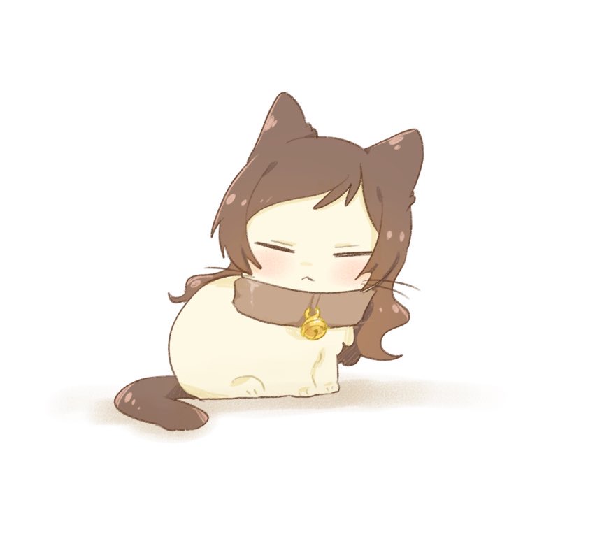 hutaba, kitazawa shiho, idolmaster, idolmaster million live!, animal, animal collar, animal focus, animalization, bell, brown collar, brown hair, closed eyes, closed mouth, collar, full body, long hair, neck bell, no humans, simple background, sitting, solo, white background