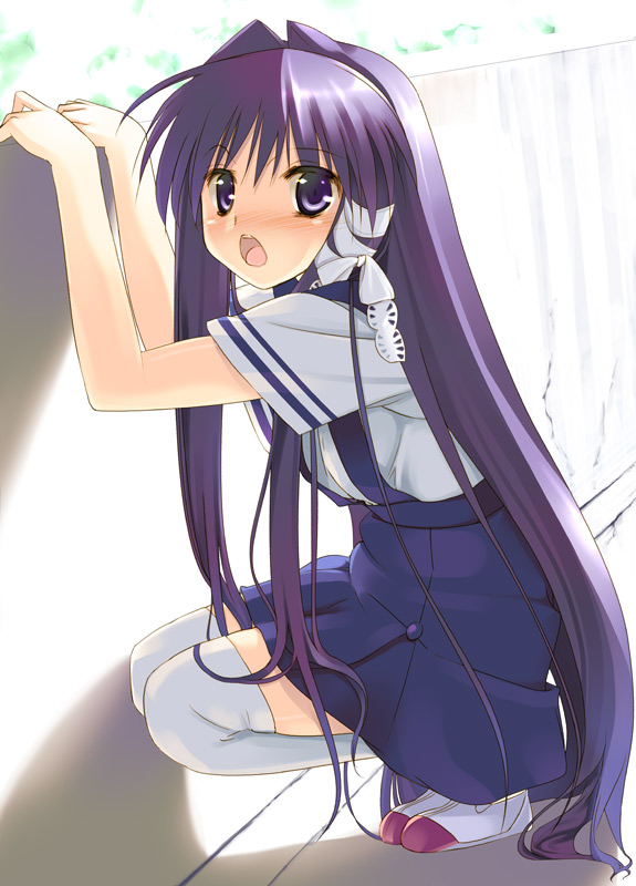 arikawa satoru, fujibayashi kyou, clannad, 00s, 1girl, backlighting, blush, female focus, long hair, nose blush, open mouth, school uniform, serafuku, shoes, solo, squatting, thighhighs, very long hair, white shoes, white thighhighs