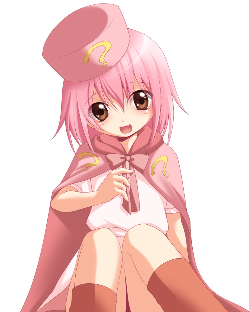 jyuru, hatena yousei, benesse, 1girl, boots, cape, fang, female focus, hat, pink hair, pink hat, solo