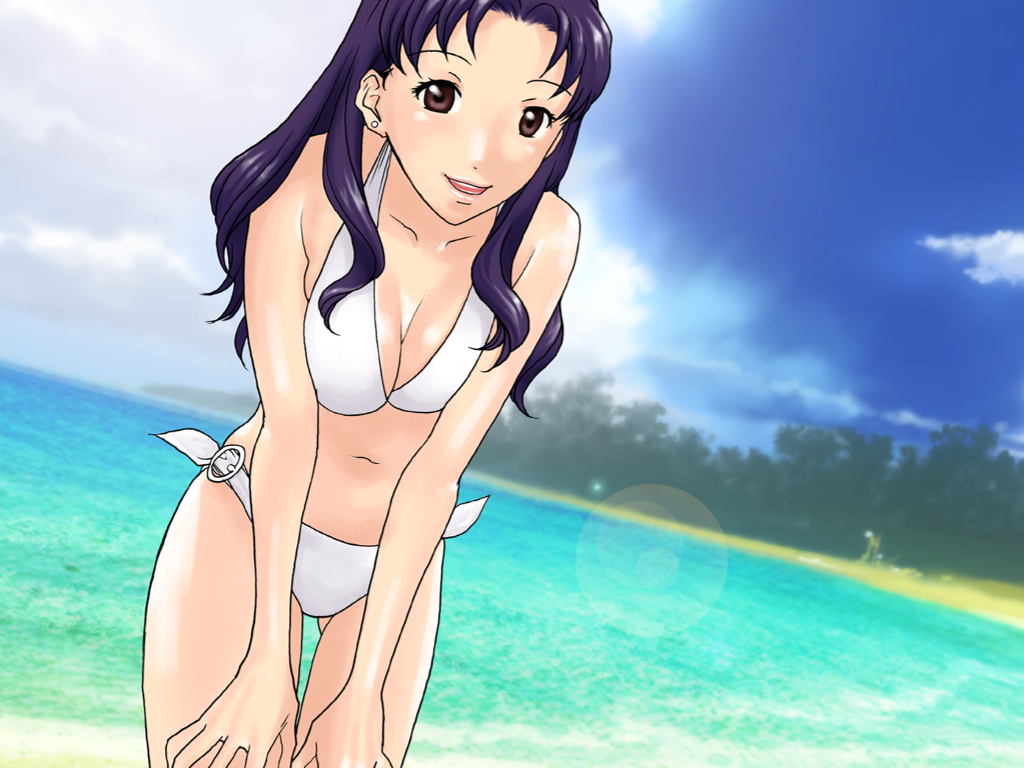 yonekura kengo, katsuragi misato, ikari shinji ikusei keikaku, ikari shinji raising project, neon genesis evangelion, game cg, tagme, 1girl, beach, bikini, breasts, brown eyes, cleavage, cloud, female focus, long hair, medium breasts, purple hair, sky, solo, swimsuit, white bikini