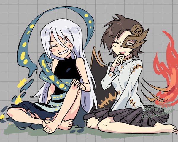shikido (khf), iwanaga ariya, yuiman asama, fossilized wonders, touhou, commentary request, 2girls, ^ ^, asymmetrical wings, barefoot, black skirt, brown hair, closed eyes, fiery wings, grid background, long hair, mask, multiple girls, shirt, short hair, skirt, smile, white hair, white shirt, wings