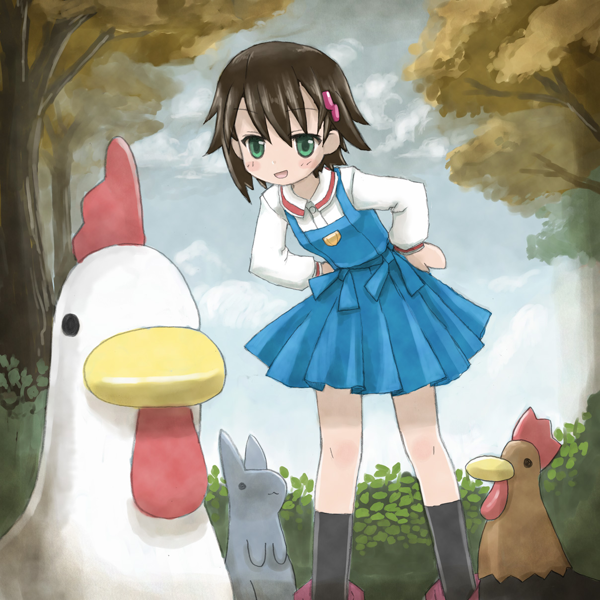 zakone, isurugi noe, jibeta, raigomaru, true tears, bad id, bad pixiv id, highres, 00s, 1girl, bird, brown hair, chicken, female focus, rabbit, short hair, solo