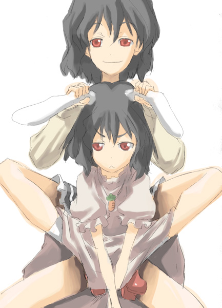 yohane, inaba tewi, shameimaru aya, phantasmagoria of flower view, touhou, looking away, 2girls, annoyed, black hair, carrot, clothes lift, dress, dress lift, female focus, geta, grabbing another's ear, grin, hand on another's ear, legs, looking at viewer, multiple girls, red eyes, short hair, simple background, sitting, skirt, smile, squatting, tengu-geta