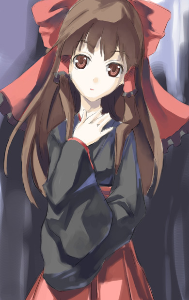 yohane, hakurei reimu, touhou, 1girl, alternate costume, black dress, bow, brown eyes, brown hair, cowboy shot, dress, female focus, hair bow, hair tubes, head tilt, japanese clothes, long sleeves, looking at viewer, red bow, red skirt, sidelocks, skirt, solo, standing