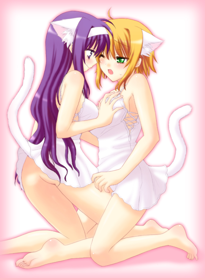 saki chisuzu, arisa bunnings, tsukimura suzuka, lyrical nanoha, mahou shoujo lyrical nanoha, mahou shoujo lyrical nanoha a's, 00s, 2girls, animal ears, barefoot, breasts, cat ears, cat tail, feet, grabbing another's breast, groping, medium breasts, multiple girls, small breasts, tail, yuri