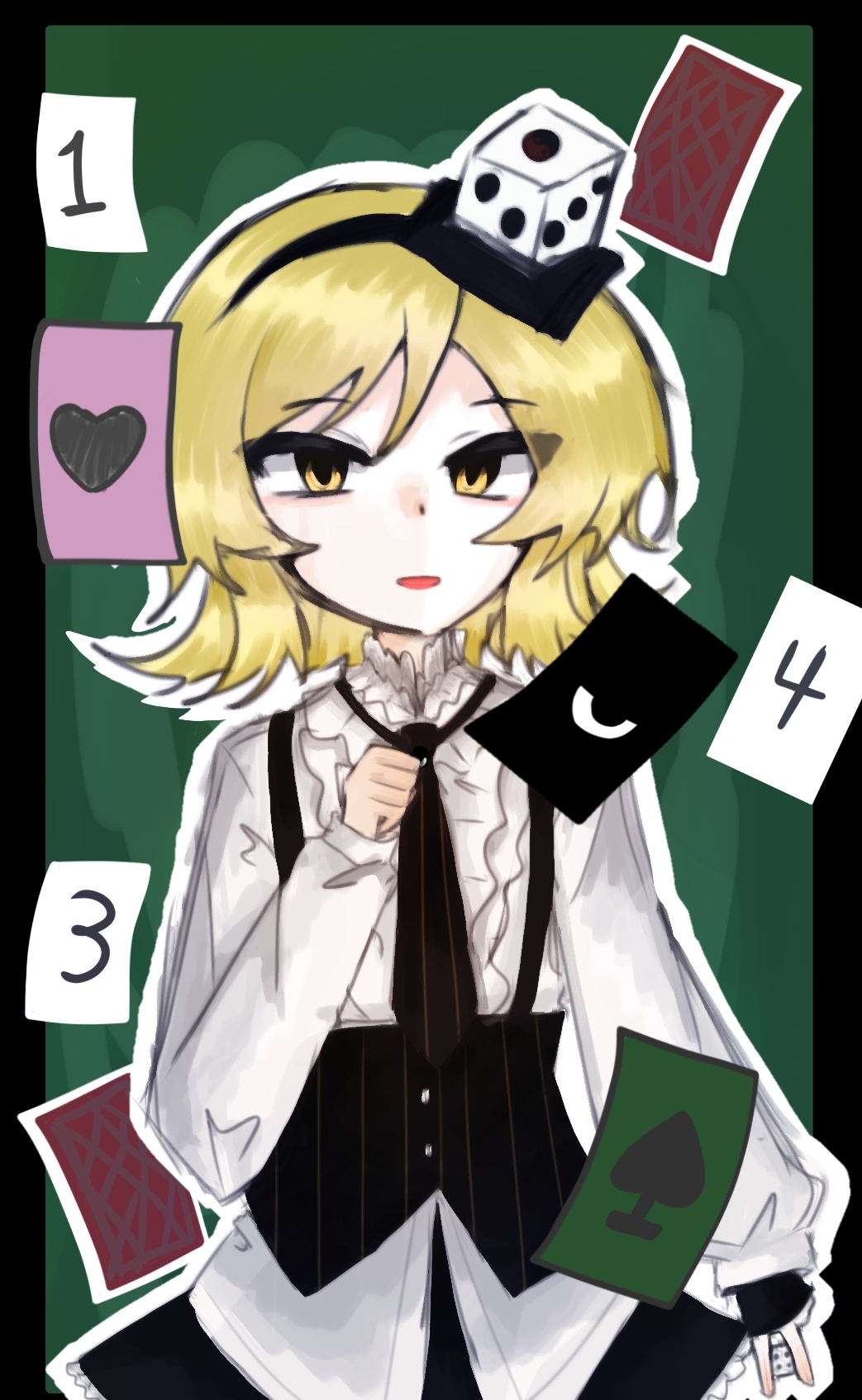 xeno a, len'en, highres, 1other, ace (playing card), ace of hearts, ace of spades, adapted costume, between fingers, black border, black gloves, black hairband, black necktie, black skirt, black vest, blonde hair, border, buttons, card, center frills, clenched hand, collared shirt, compass (xinjinjumin6687443), cowboy shot, dice, dice hair ornament, dot nose, eye of senri, eyes visible through hair, fingerless gloves, floating card, frilled shirt collar, frilled sleeves, frills, gloves, green background, hair ornament, hairband, happy, heart, holding, holding dice, long sleeves, medium hair, miniskirt, necktie, open mouth, outline, outside border, pinstripe pattern, pinstripe vest, playing card, puffy long sleeves, puffy sleeves, shirt, single fingerless glove, skirt, sleeves past wrists, solo, spade (shape), standing, striped clothes, tsurime, vertical-striped clothes, vertical-striped necktie, vest, white outline, white shirt, yellow eyes