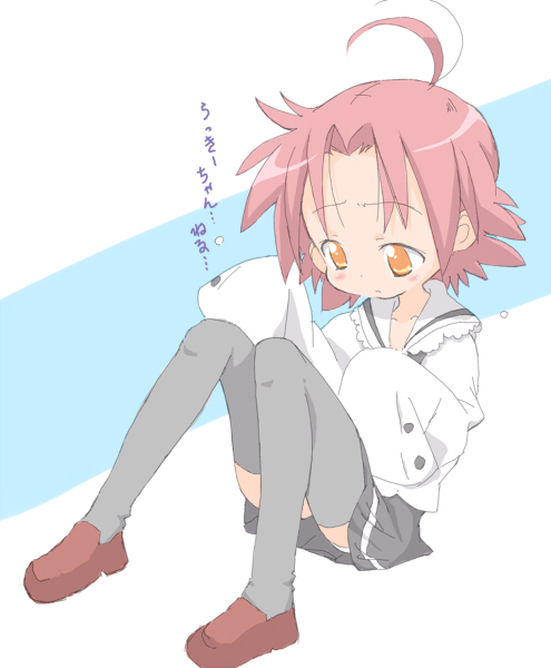 core (mayomayo), kogami akira, lucky star, bad id, bad pixiv id, translated, 00s, ahoge, orange eyes, oversized clothes, panties, pantyshot, pink hair, short hair, sleepy, solo, thighhighs, underwear, zettai ryouiki