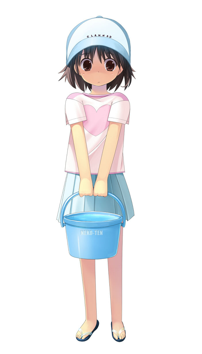 fujishiro touma, clannad, highres, 00s, baseball cap, bucket, bucket of water, flip-flops, hat, sandals, solo, standing