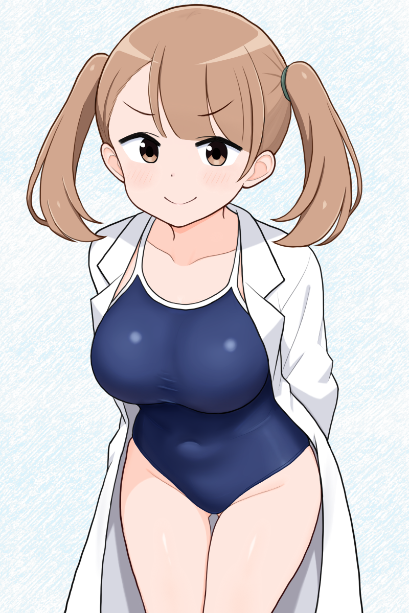 pmvoid, kasugano asahi (fushigi kenkyuubu), atsumare! fushigi kenkyuubu, commentary request, highres, 1girl, blue one-piece swimsuit, breasts, brown eyes, brown hair, competition school swimsuit, furrowed brow, lab coat, large breasts, leaning forward, one-piece swimsuit, school swimsuit, smile, solo, swimsuit, twintails