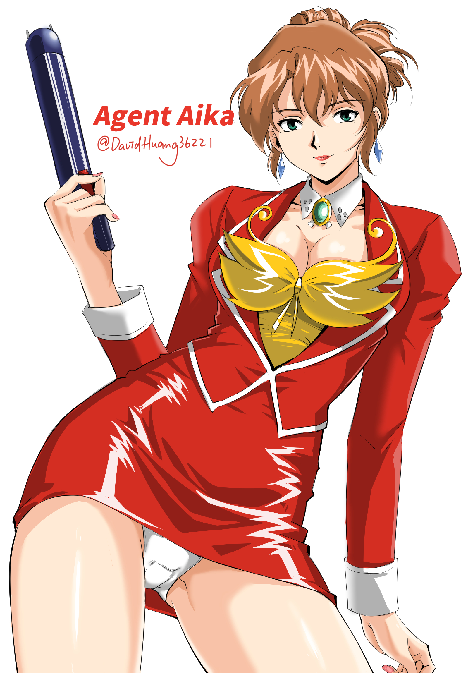david huang, sumeragi aika, agent aika, aika (series), commentary, highres, traditional media, 1girl, artist name, blue eyes, breasts, brooch, brown hair, bustier, copyright name, crotch seam, detached collar, earrings, folded ponytail, jacket, jewelry, lipstick, looking at viewer, makeup, medium breasts, open mouth, panties, ponytail, red jacket, red skirt, skirt, smile, solo, standing, stun gun, twitter username, underwear, weapon, white panties
