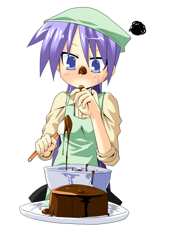 hujikok, hiiragi kagami, lucky star, 00s, 1girl, alternate hairstyle, apron, blue eyes, cake, cooking, female focus, food, licking, long hair, pastry, ponytail, purple hair, simple background, solo, sweat, tongue