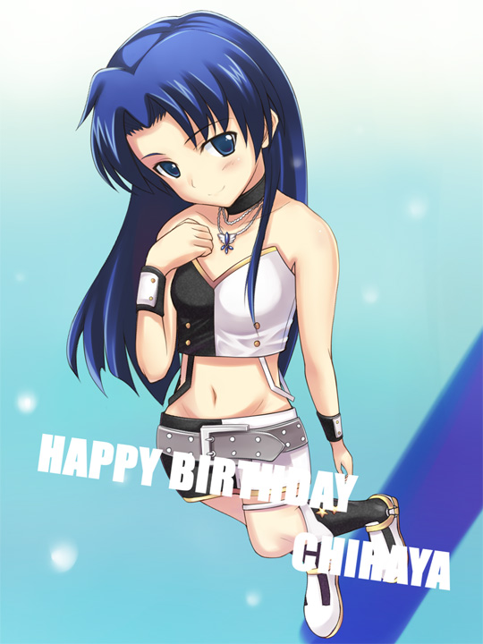 kisugi, kisugi akira, kisaragi chihaya, idolmaster, idolmaster (classic), idolmaster 1, 00s, 1girl, blue eyes, blue hair, blush, boots, collarbone, cool & sexy (idolmaster), female focus, happy birthday, holding, jewelry, looking at viewer, matching hair/eyes, midriff, miniskirt, navel, necklace, shoes, skirt, sneakers, solo, standing, stomach, strapless, tube top, wrist cuffs