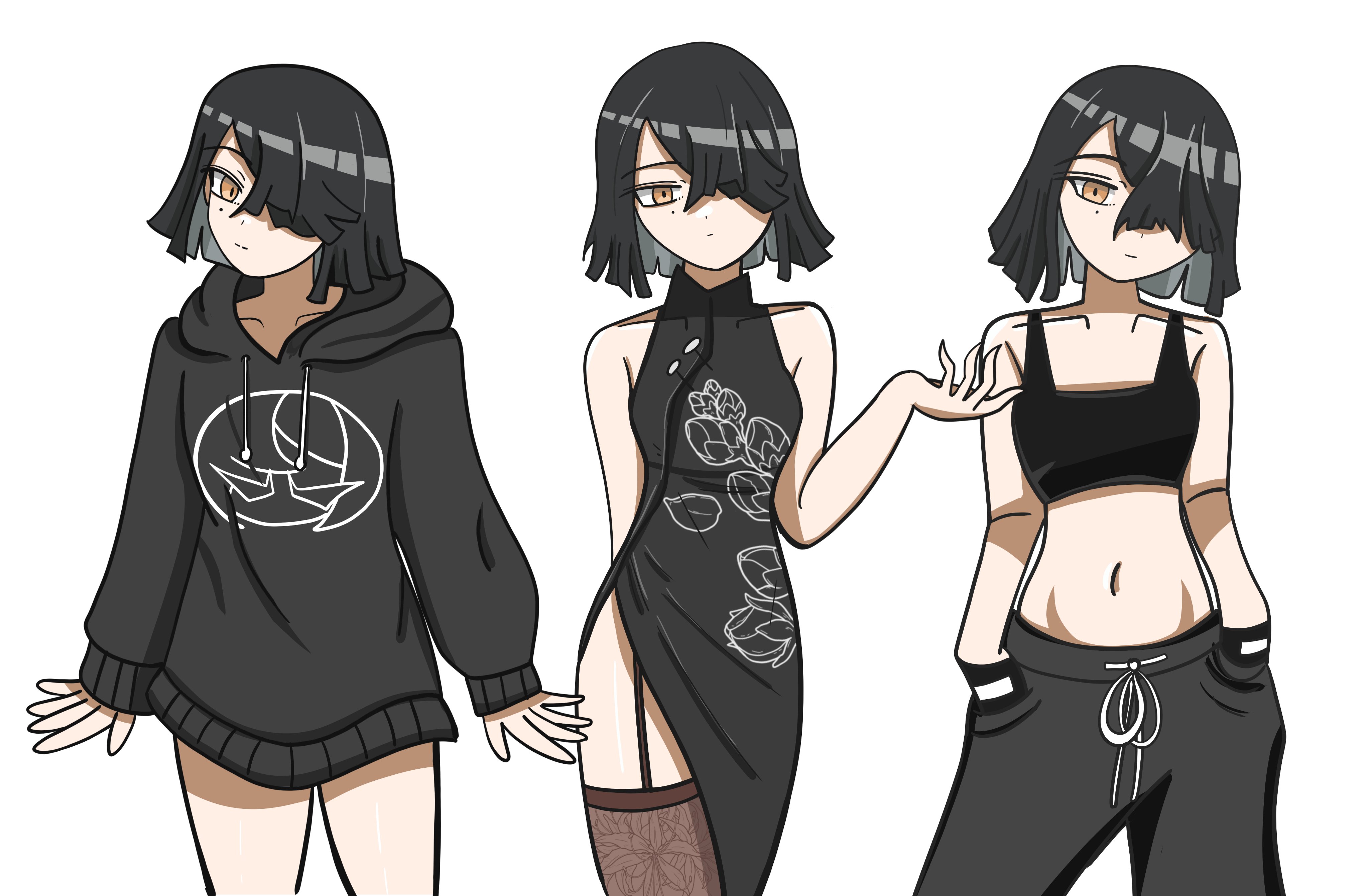 xu fu (fate), fate/grand order, fate (series), absurdres, highres, 1girl, alternate costume, arm behind back, arms at sides, bare arms, bare legs, bare shoulders, black dress, black garter straps, black gloves, black hair, black hoodie, black pants, black shirt, breasts, brown eyes, brown thighhighs, china dress, chinese clothes, closed mouth, collarbone, crop top, crossed bangs, dot mouth, dot nose, dress, face print, floral print, garter straps, gloves, hair over one eye, hands in pockets, hood, hoodie, light smile, long sleeves, looking at viewer, mole, mole under eye, multiple views, navel, open hand, pants, shirt, short hair, sideways glance, simple background, small breasts, tasty tonkatsu, thighhighs, tilted head, track pants, turning head, white background