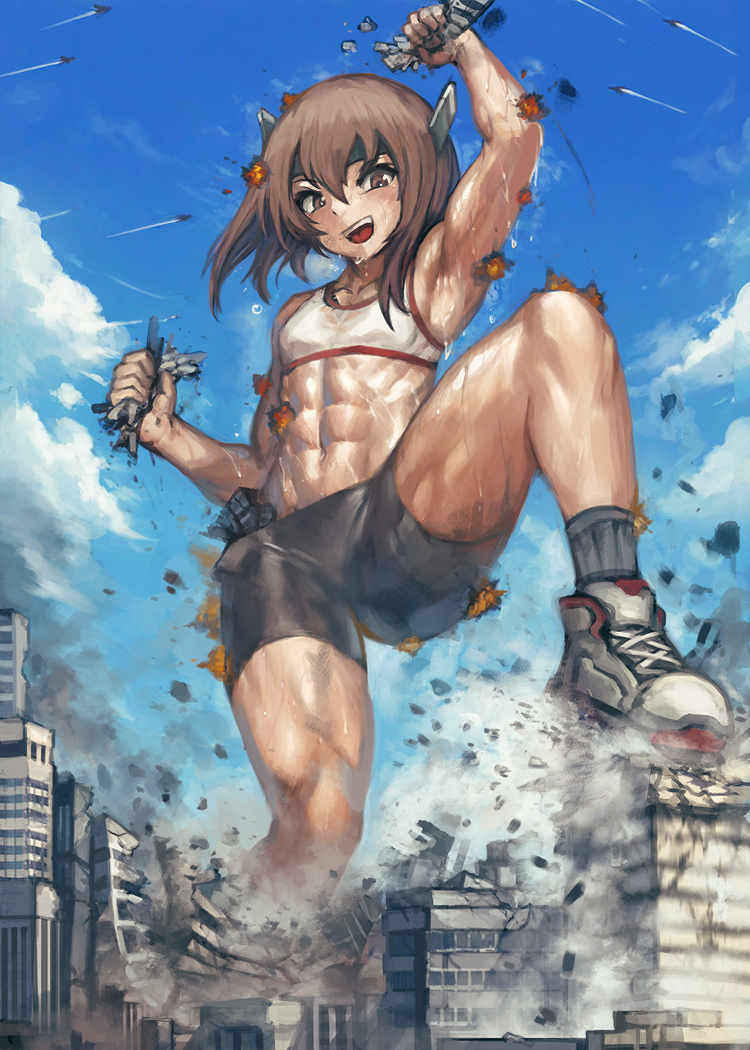yilx, taihou (kancolle), kantai collection, 1girl, abs, battle, bike shorts, brown eyes, brown hair, city, destruction, explosion, giant, giantess, muscular, muscular female, solo, sweat, tank top