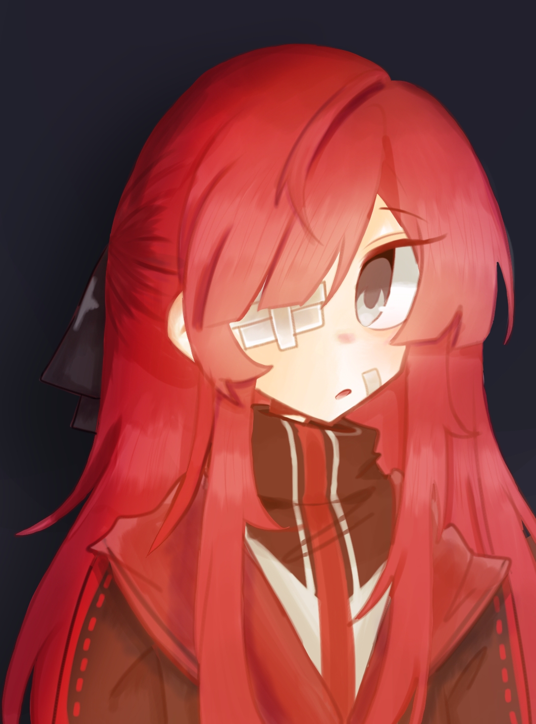 yuri (project moon), limbus company, project moon, highres, 1girl, bandaid, bandaid on cheek, bandaid on eye, bandaid on face, black background, black bow, black coat, black jacket, bow, coat, compass (xinjinjumin6687443), expressionless, grey eyes, hair bow, jacket, long hair, long sidelocks, long sleeves, looking at viewer, loose hair strand, multicolored jacket, open clothes, open coat, open mouth, red hair, ribbon-trimmed coat, ribbon trim, sidelocks, simple background, solo, straight hair, tsurime, turtleneck, turtleneck jacket, two-tone jacket, upper body, very long hair, white jacket