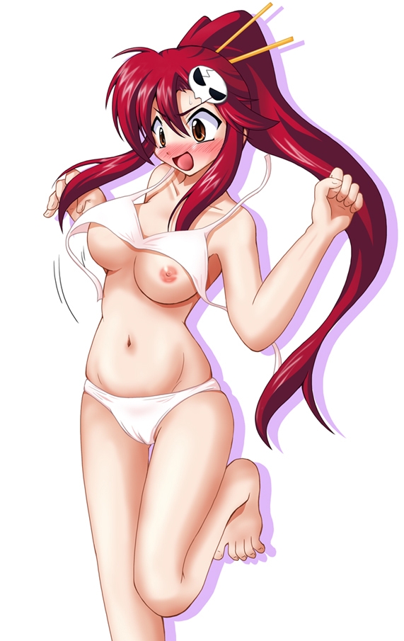 yoko littner, tengen toppa gurren lagann, 00s, barefoot, bikini, blush, breasts, brown eyes, cameltoe, large breasts, long hair, nipples, ponytail, red hair, solo, swimsuit, wardrobe malfunction, white bikini, yellow eyes