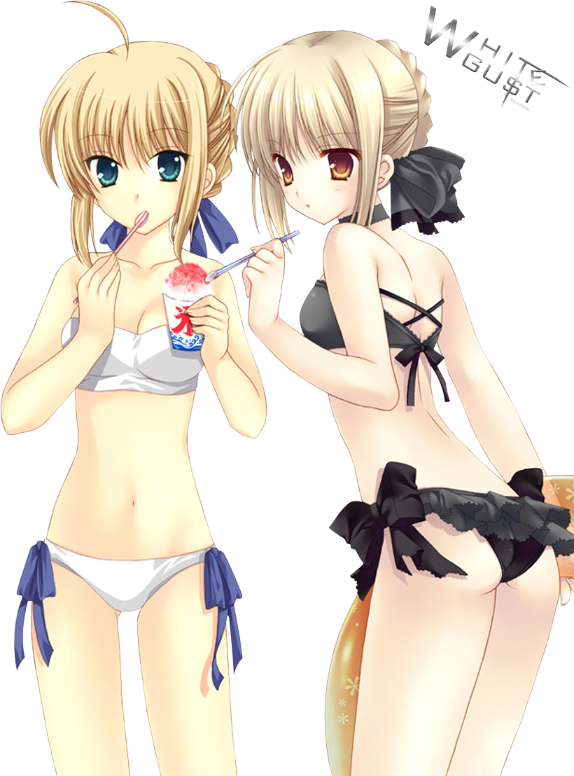 wnb mark, artoria pendragon (fate), saber (fate), saber alter, fate/stay night, fate (series), 00s, ahoge, alternate costume, bikini, black bikini, blonde hair, blue eyes, brown eyes, drinking straw, dual persona, food, frilled bikini, frills, holding, holding drinking straw, holding swim ring, innertube, official alternate costume, shaved ice, siblings, side-tie bikini bottom, swim ring, swimsuit, transparent background, twins, white bikini